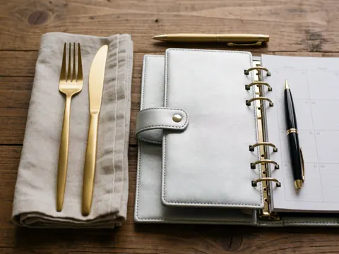 Gold planner knife and fork resting on a napkin atop a rustic wooden table, perfect for wedding and event details.