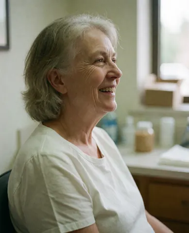 A smiling older woman sits in a dental chair with natural light and medical office background