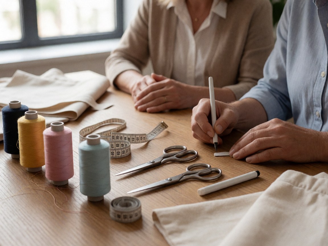 Sewing essentials including thread, scissors, and measuring tape arranged on a wooden surface for a clothing store or tailor shop