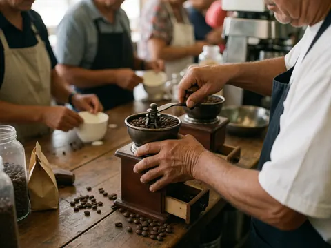 Close-up of hands using an antique wooden coffee mill on a rustic table in a coffee shop with natural morning light
