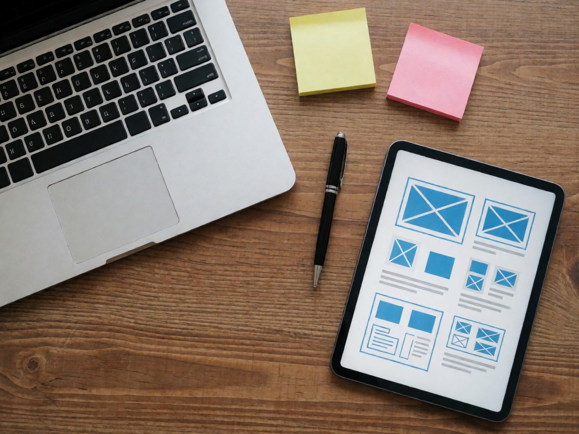 Laptop, tablet with wireframes, sticky notes, and pen on a wooden desk for software development