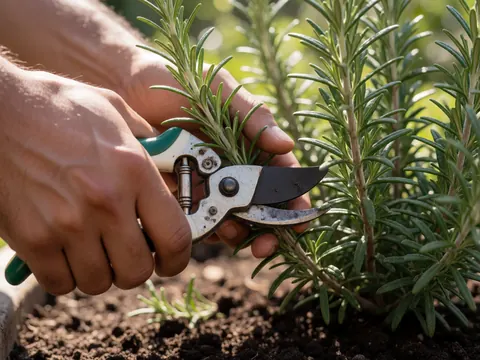 Close-up of hands using pruning shears to cut rosemary branches in a garden with soil and natural sunlight