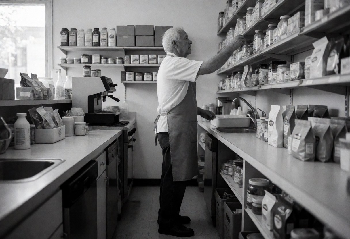 An older man wearing an apron reaches for a product on a store shelf with natural light and visible items in the background