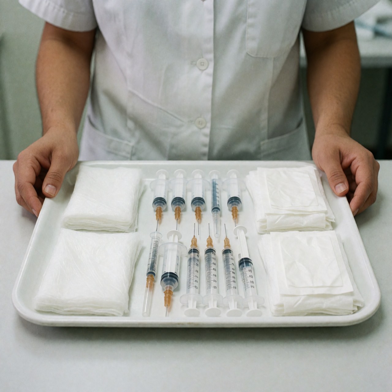 White tray containing syringes, gauze, and disinfectant towels held by a person in medical uniform at a clinic