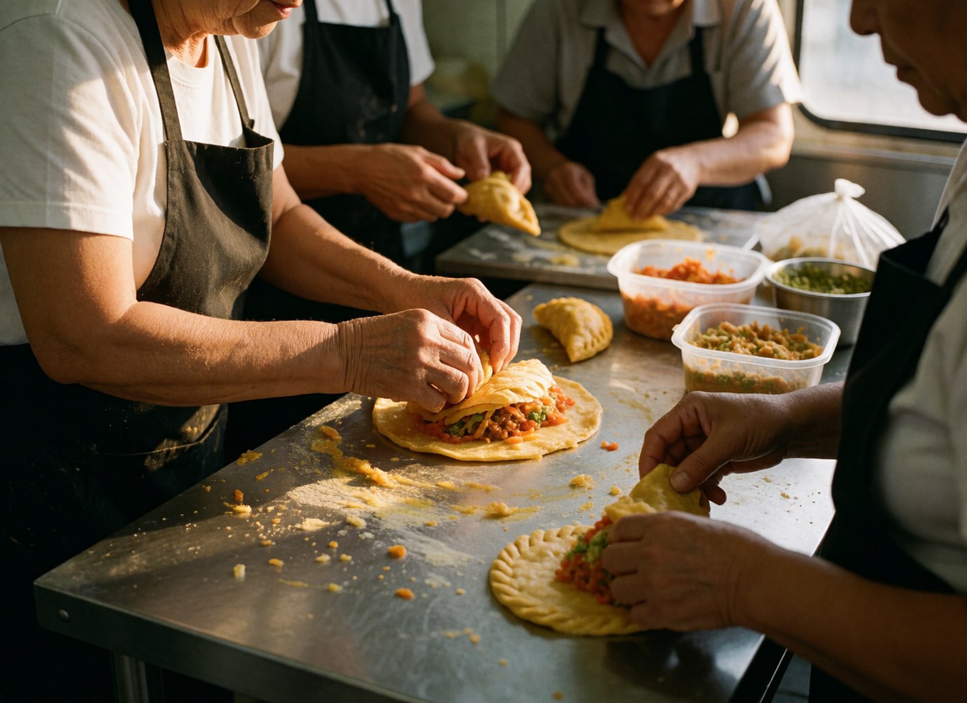 Chefs expertly prepare fresh empanadas on a stainless steel table inside a food truck kitchen.
