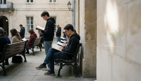 Adult students reading books on stone benches in a university plaza with stone architecture and soft light