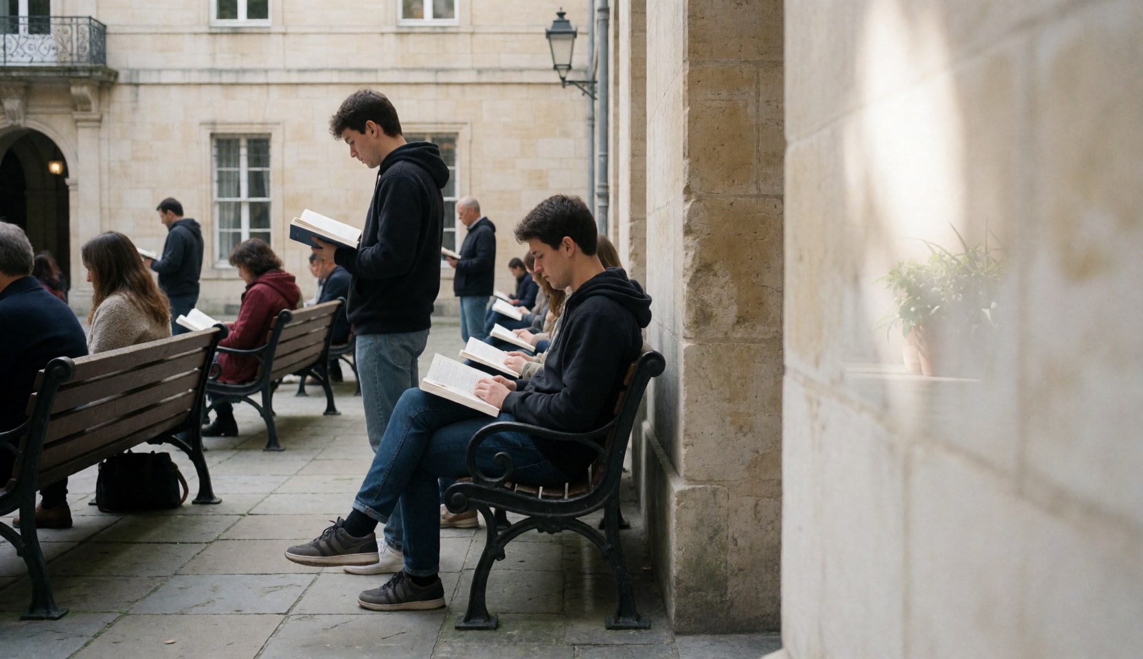 Adult students reading books on stone benches in a university plaza with stone architecture and soft light