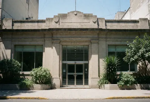 Classic architecture insurance building facade featuring glass doors, windows, and surrounding vegetation under a clear blue sky