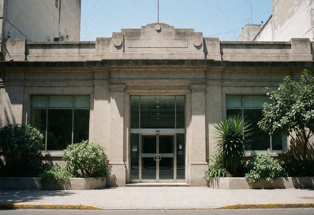 Classic architecture insurance building facade featuring glass doors, windows, and surrounding vegetation under a clear blue sky