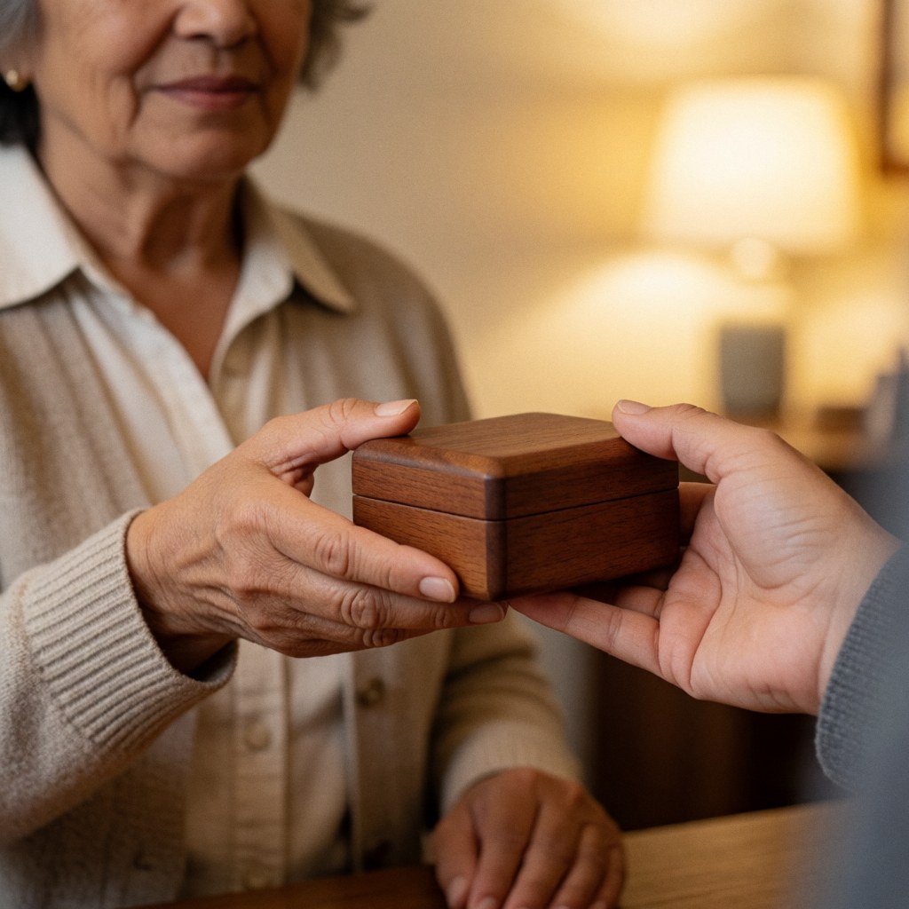 A woman hands a polished wooden box to a client in a warm setting, suitable for carpentry products