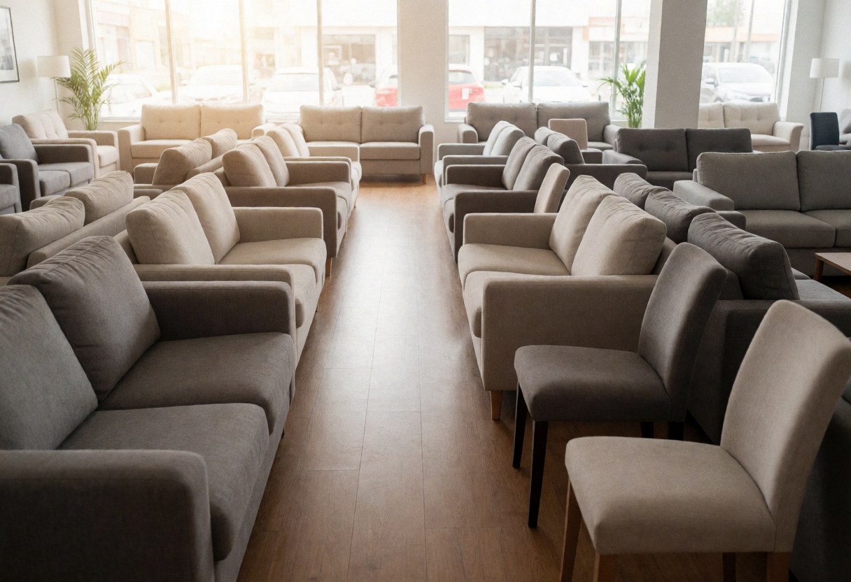 Rows of sofas and chairs displayed in a furniture store with wooden floors and natural light creating a clean atmosphere
