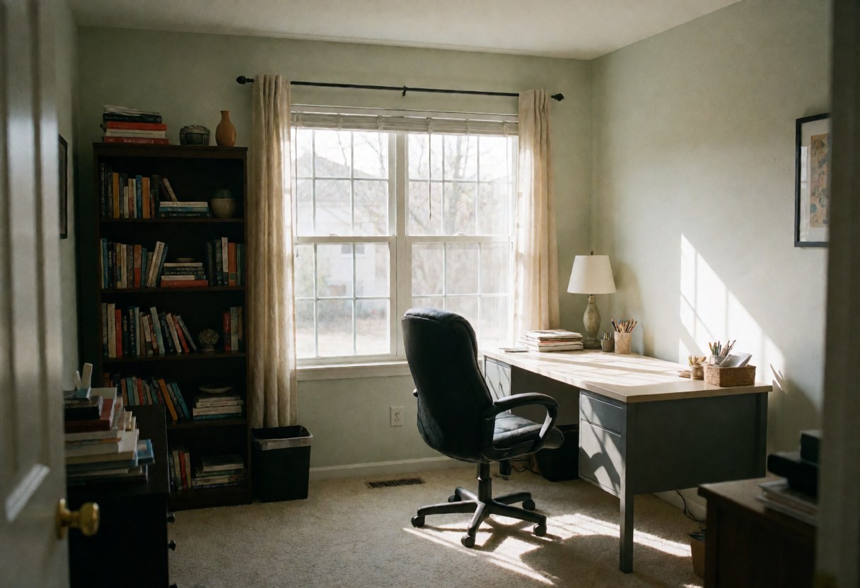 Tidy home office space featuring a desk, chair, bookshelf, and window with sunlight, ideal for remote work.