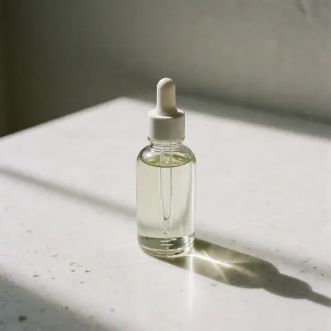 Glass bottle of organic massage oil with dropper on white background with soft shadows for spa and personal care
