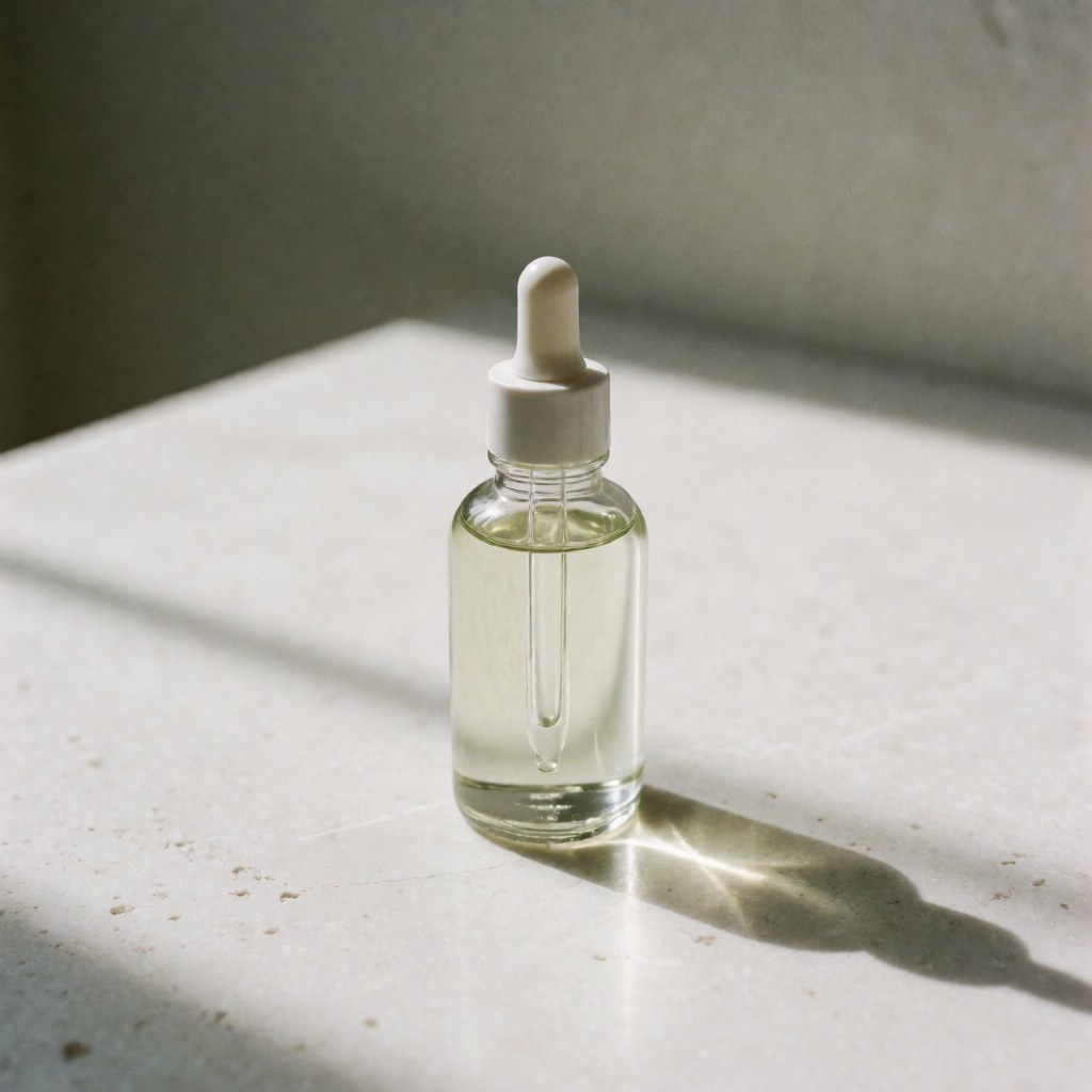 Glass bottle of organic massage oil with dropper on white background with soft shadows for spa and personal care