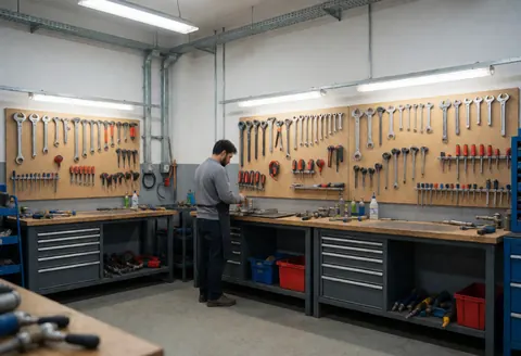 Interior view of a plumbing workshop featuring organized tool walls, workbenches, and a professional working on a task.