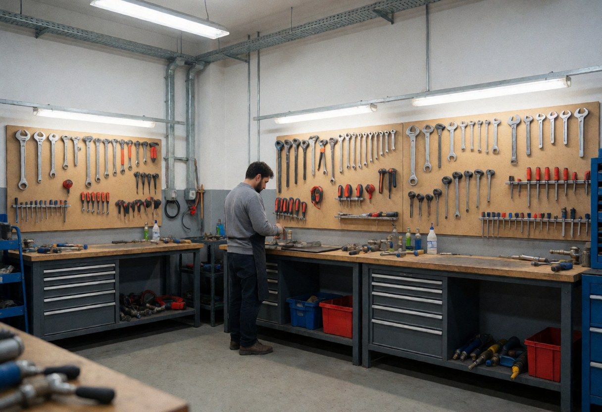 Interior view of a plumbing workshop featuring organized tool walls, workbenches, and a professional working on a task.