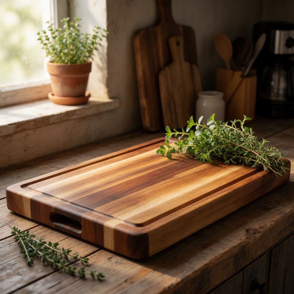 Fresh herbs arranged on a rustic wooden cutting board placed on a kitchen table near a window with natural light and kitchen utensils in the background