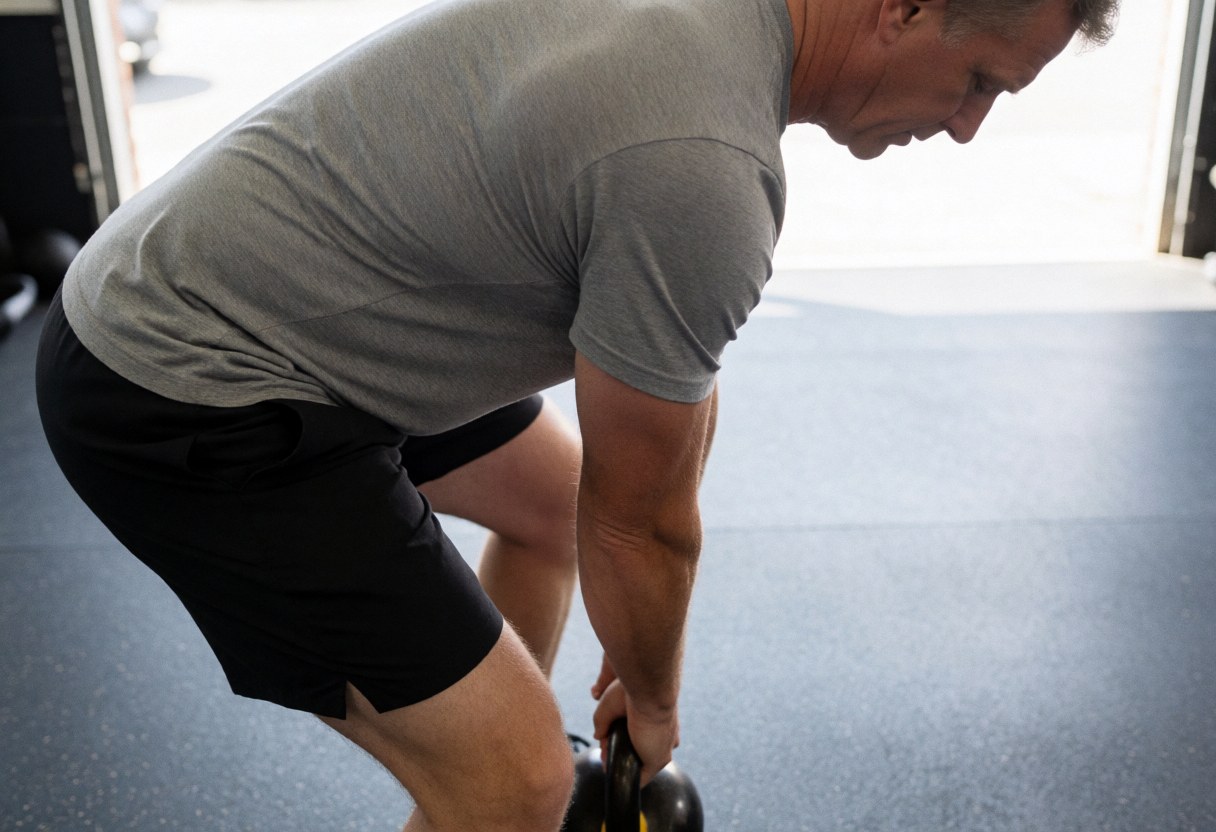 A middle-aged man in a gym lifts a kettlebell with focus, wearing a gray t-shirt and black shorts under natural light.