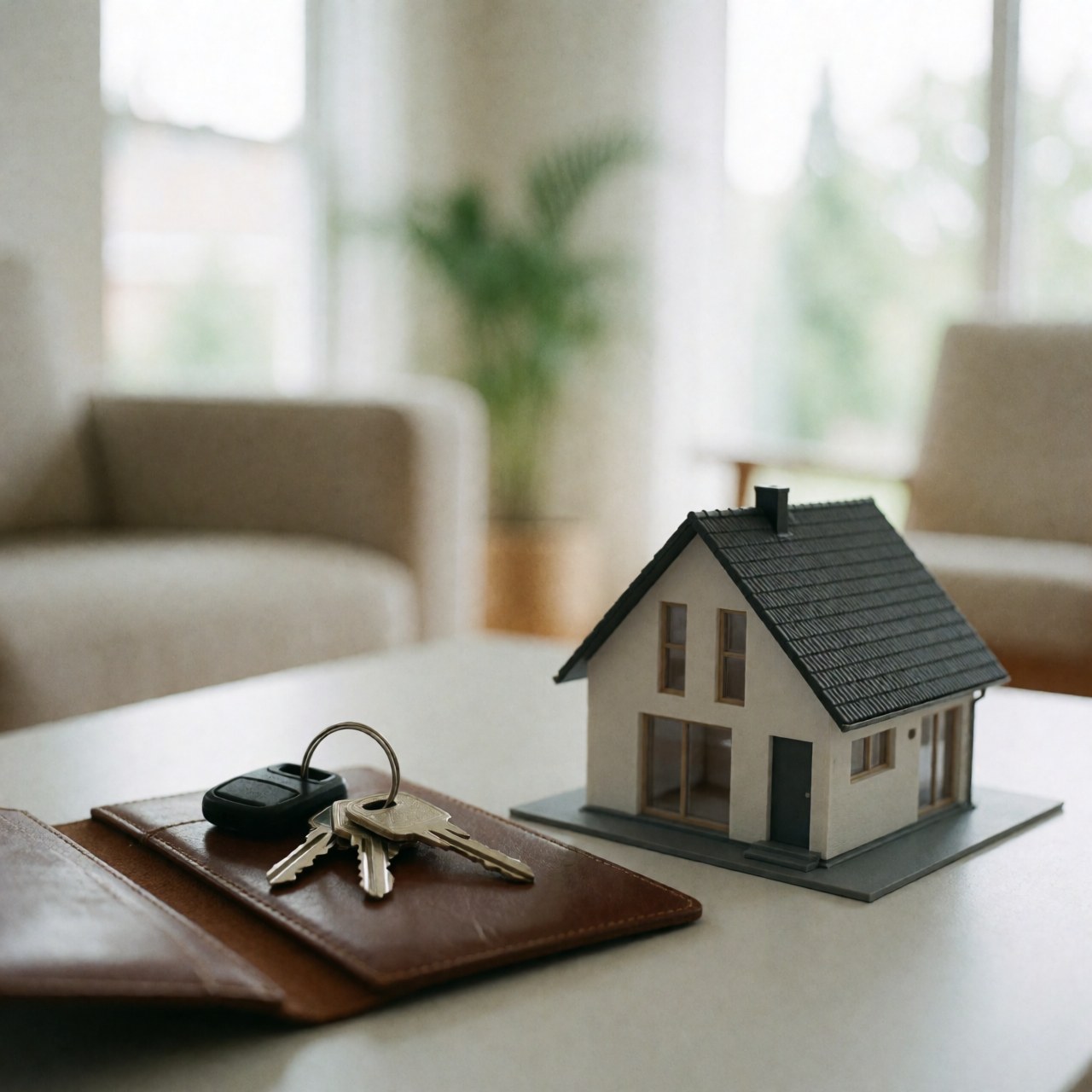 Leather wallet with keys beside a miniature house model on a table in a modern room with natural light