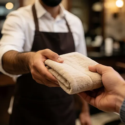 A barber in an apron hands a folded towel to a customer in a warmly lit barbershop with a blurred background