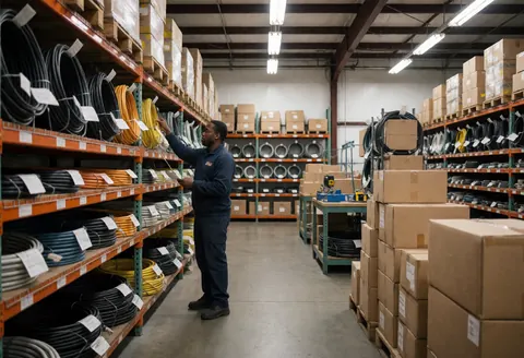 A black electrician organizes electrical cables in a supply warehouse with shelves full of materials and stacked boxes