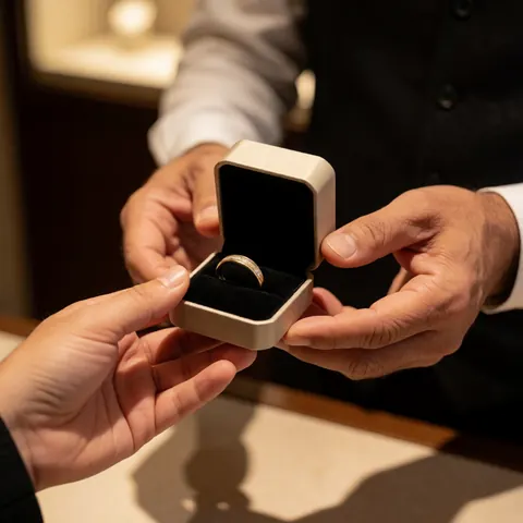 A man's hands carefully holding an open jewelry box to display a ring inside a store