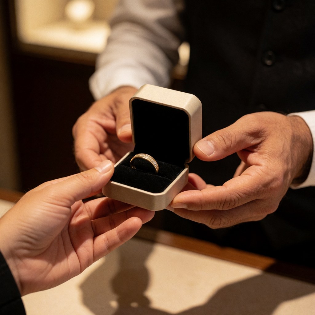A man's hands carefully holding an open jewelry box to display a ring inside a store