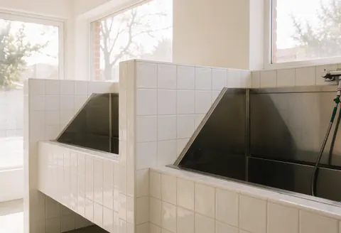 Clean interior of a dog grooming salon featuring stainless steel tubs, white walls, and natural light from windows
