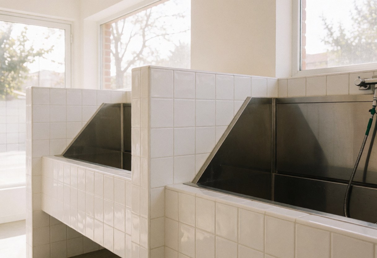 Clean interior of a dog grooming salon featuring stainless steel tubs, white walls, and natural light from windows