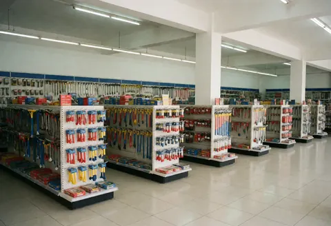 Brightly lit hardware store interior featuring neat shelves, clean floors, and organized tool displays for retail use