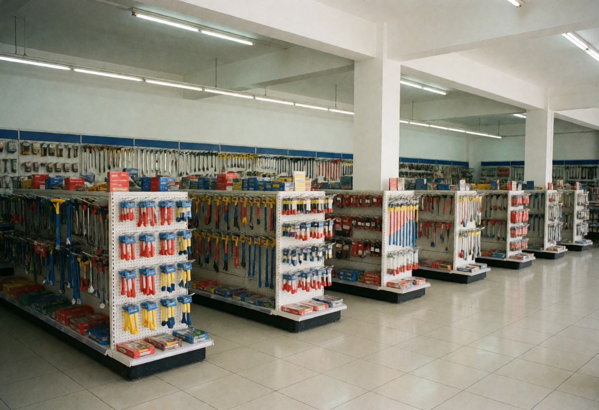Brightly lit hardware store interior featuring neat shelves, clean floors, and organized tool displays for retail use