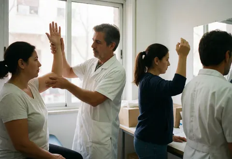 A physiotherapist assists a patient with arm movements while another patient exercises nearby in a bright clinical setting.