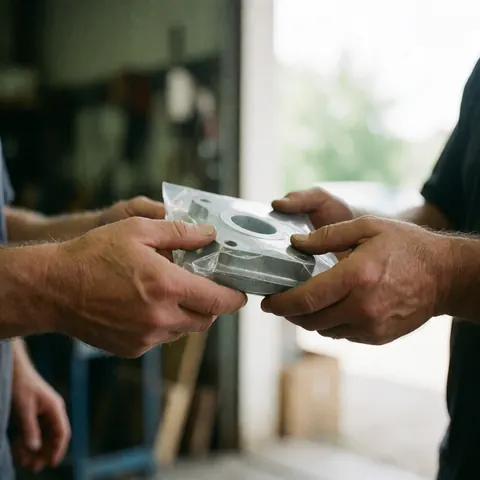 Adult hands handing over a plastic-wrapped metal part in a natural light industrial workshop