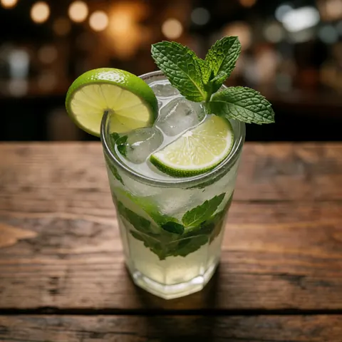 Tall glass filled with ice, lime slices, and mint leaves resting on a rustic wooden table with warm lighting and a blurred background