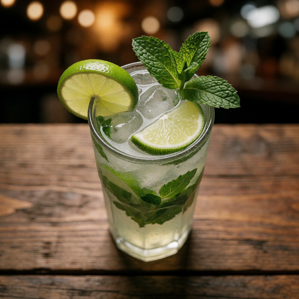 Tall glass filled with ice, lime slices, and mint leaves resting on a rustic wooden table with warm lighting and a blurred background