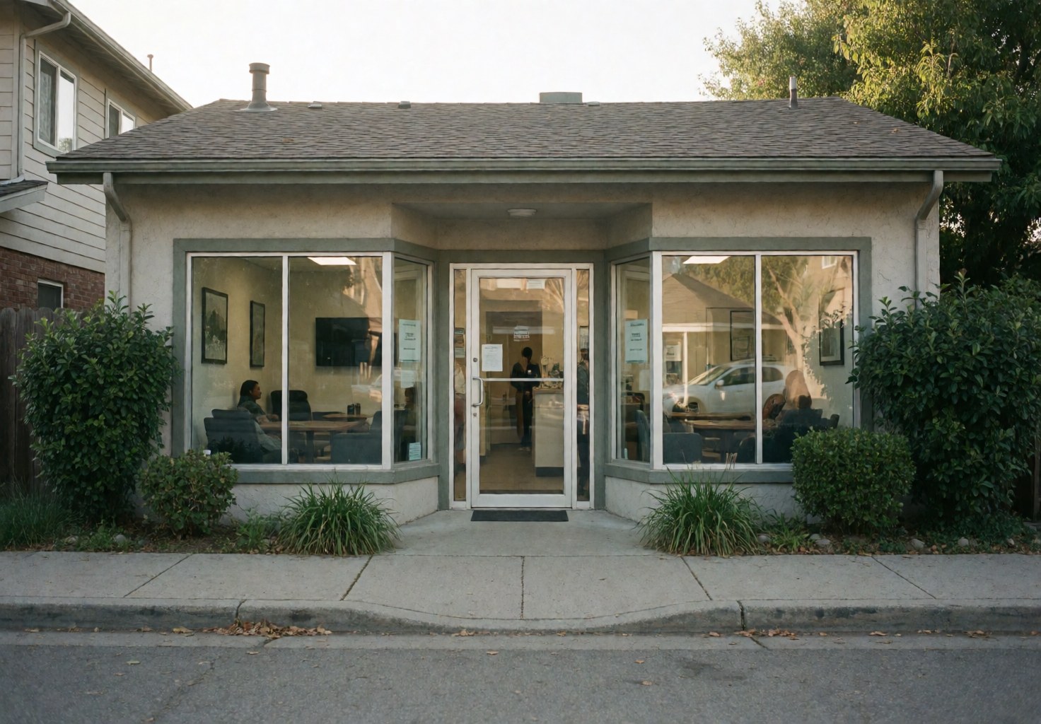 Exterior view of a driving school entrance featuring clean glass windows that reveal the interior seating and staff surrounded by pavement and greenery