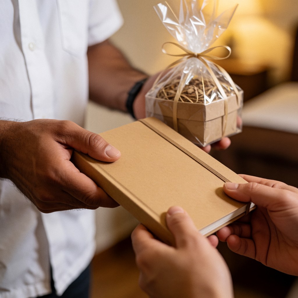 A man hands a notebook and a cellophane-wrapped gift box to another person in a warm professional setting.