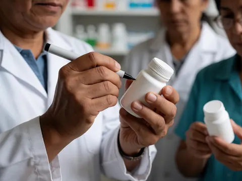 Pharmacist labeling a medicine bottle with a marker while other health professionals work in the background