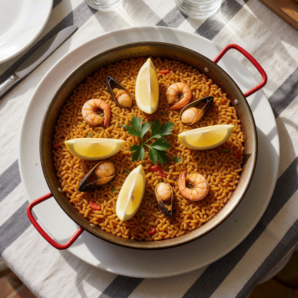 Traditional Spanish seafood paella with lemon and parsley in a pan on a striped tablecloth ready to serve