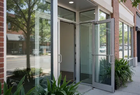 Storefront entrance of a paint shop featuring open glass doors, green plants on both sides, and a brick facade suitable for painting business marketing.
