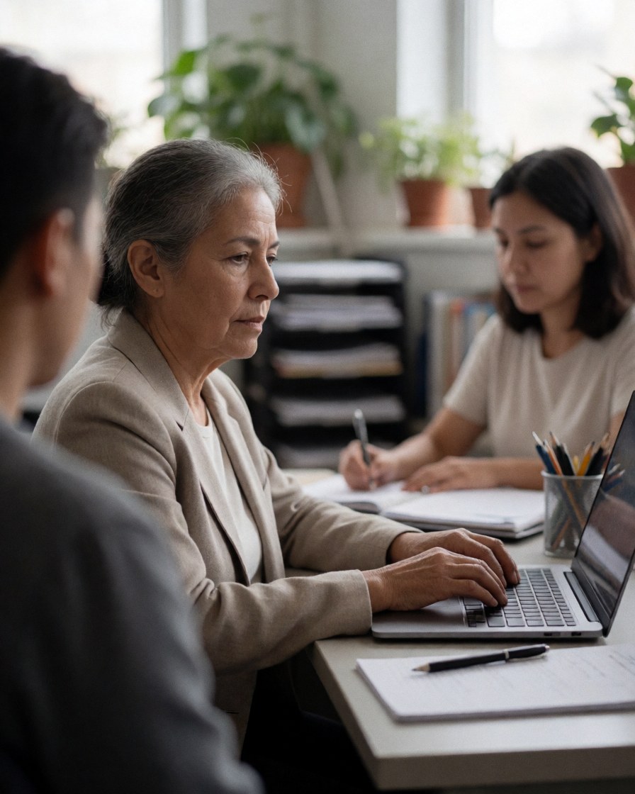 Senior female supervisor in blazer working on laptop in office with plants and documents while colleague writes nearby