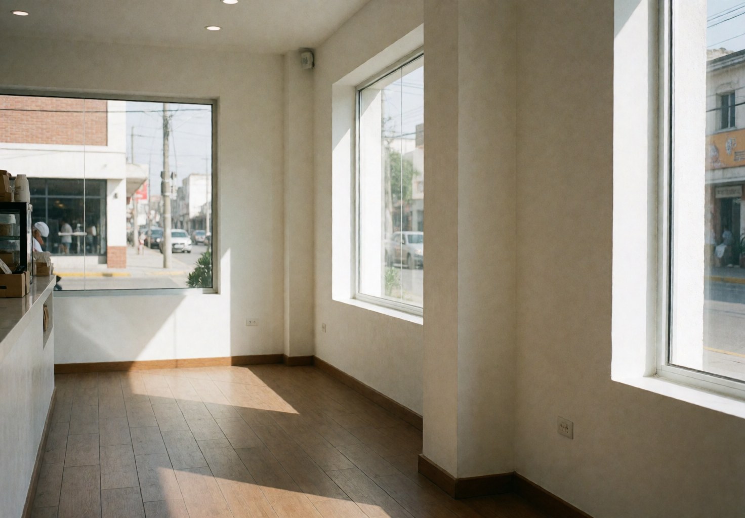 Empty coffee shop interior featuring white walls, wooden floors, and bright sunlight streaming through large windows.