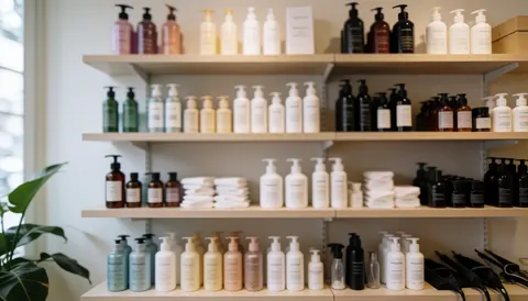 Shelves stocked with hair care products, towels, and tools in warm tones, providing a soft background for text overlay.