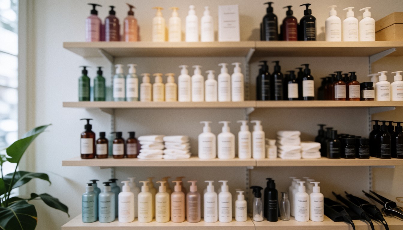 Shelves stocked with hair care products, towels, and tools in warm tones, providing a soft background for text overlay.