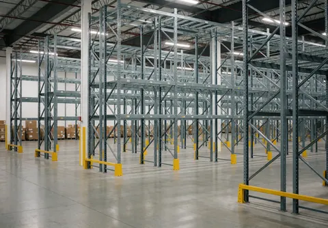 Interior of a modern logistics warehouse with empty metal shelves, polished floor, and LED lighting ready for operations
