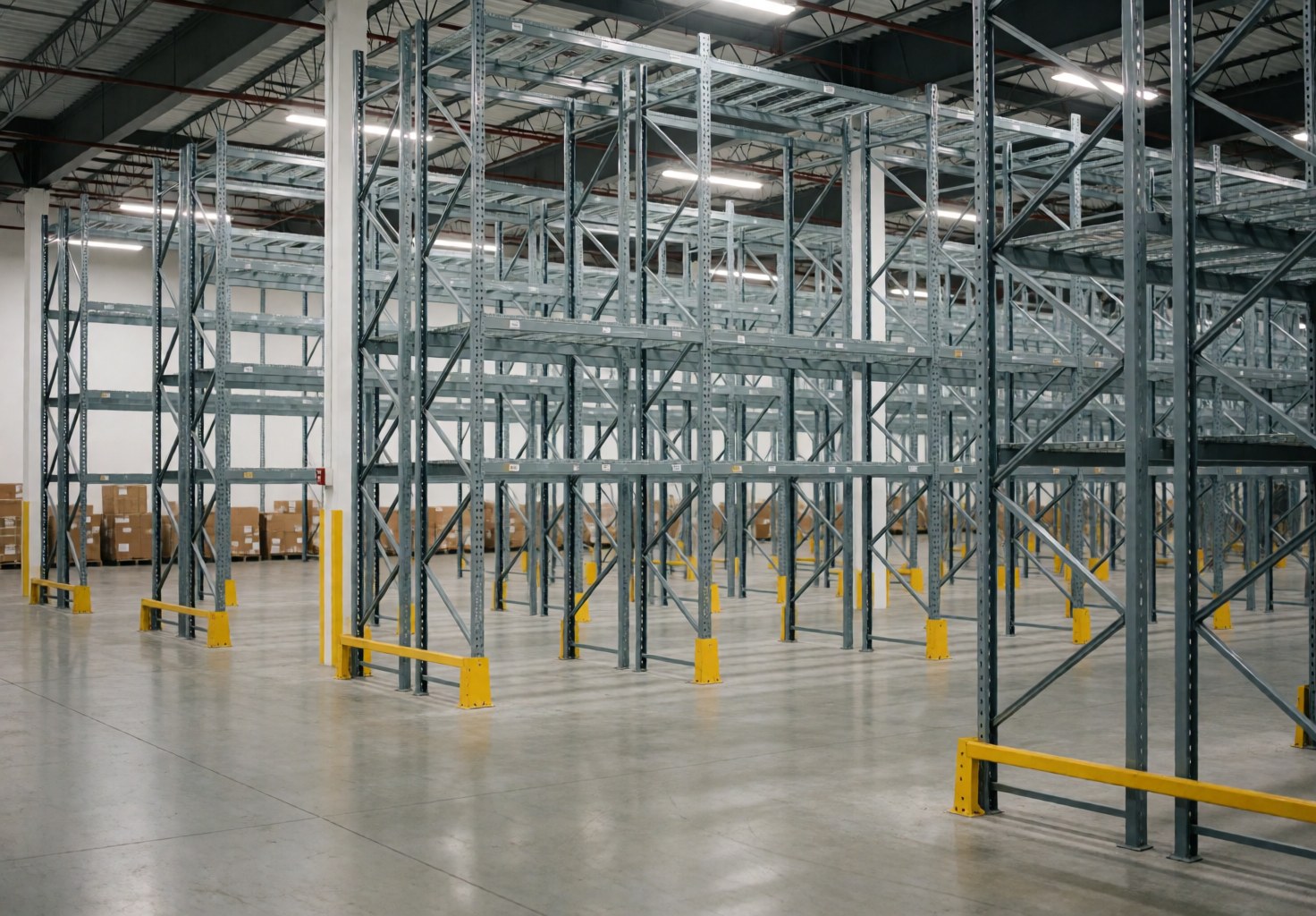 Interior of a modern logistics warehouse with empty metal shelves, polished floor, and LED lighting ready for operations