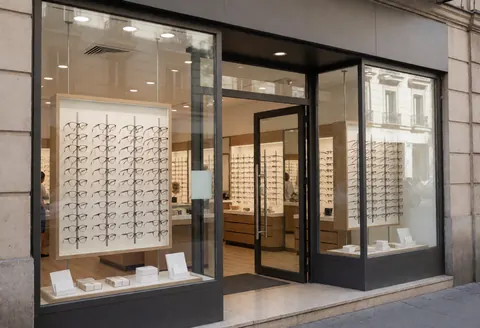 Modern optical shop entrance featuring a glass display case filled with eyeglass frames, open doorway, and marble flooring inviting customers inside