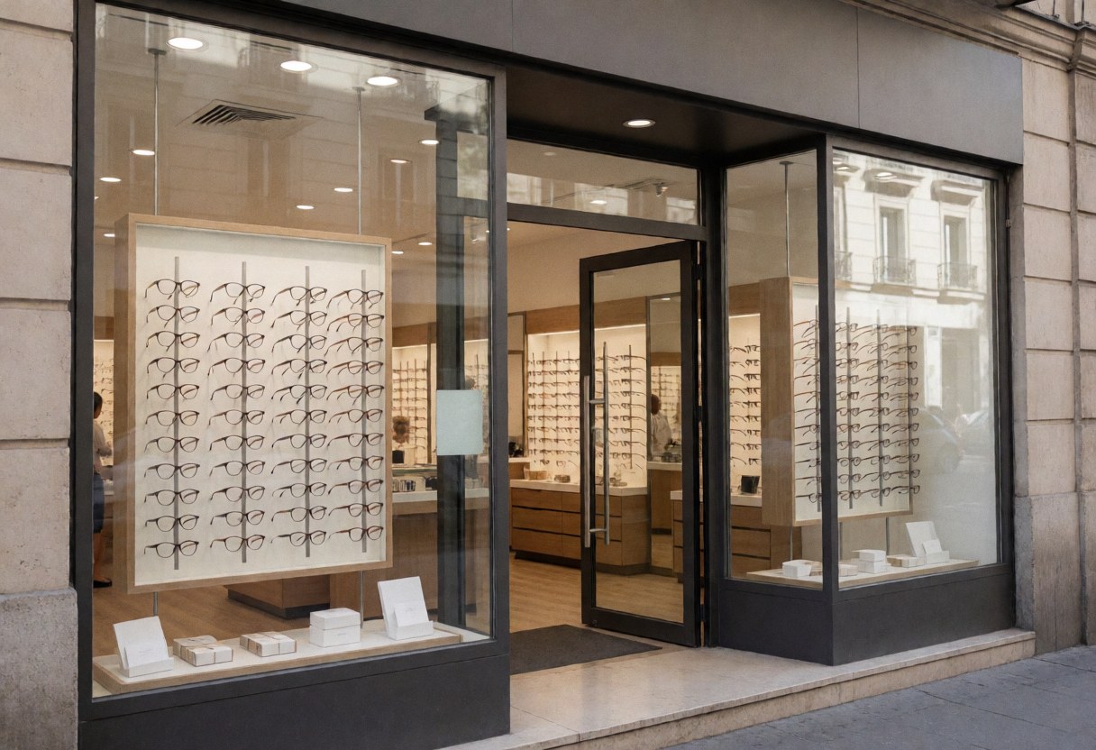 Modern optical shop entrance featuring a glass display case filled with eyeglass frames, open doorway, and marble flooring inviting customers inside