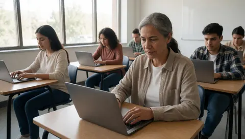 Group of adults attending a class while using laptops in a professional educational setting with natural light from windows