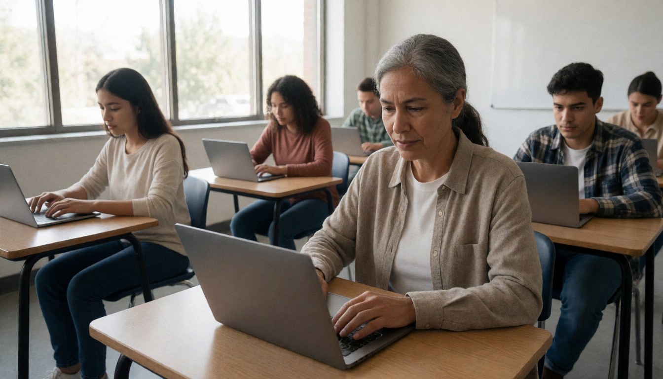 Group of adults attending a class while using laptops in a professional educational setting with natural light from windows